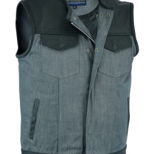 DM934 Men's Perforated Leather/Denim Combo Vest (Black/ Ash Gray)