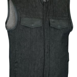 DM962 Men's Rough Rub-Off Raw Finish Denim Vest W/Leather Trim - Scoop Collar