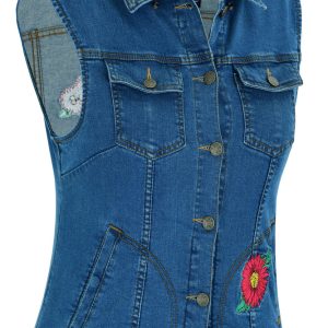 DM944 Women's Blue Denim Snap Front Vest with Red Daisy