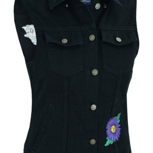 DM945 Women's Black Denim Snap Front Vest with Purple Daisy