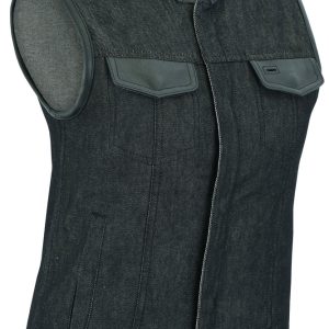 DM963 Women's Rough Rub-Off Raw Finish Denim Vest W/Leather Trim
