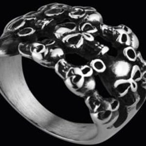 R118 Stainless Steel Many Face Skull Biker Ring