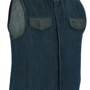 DM964 Women's Broken Blue Rough Rub-Off Raw Finish Denim Vest W/Leather Trim