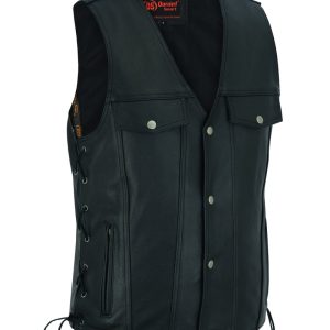 DS124 Men's Black Leather Vest with Side Laces and Gun Pockets