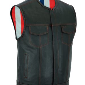 DS155 Men's Leather Vest with Red Stitching and USA Inside Flag Lining