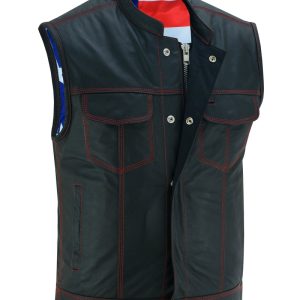 DS165 MEN'S LEATHER VEST WITH RED STITCHING AND USA INSIDE FLAG LININ