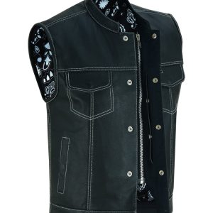 DS164 Men's Paisley Black Leather Motorcycle Vest with White Stitching