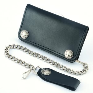 BWC232 Buffalo Nickel Snap Black Leather Long Bi-Fold Biker Wallet