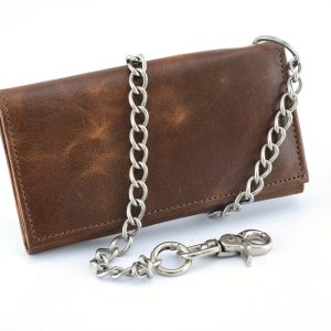 BWC234 Brown Long Bi-Fold Biker Leather Chain Wallet