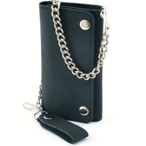 BWC238 Matte Black Biker Leather Wallet with Chain