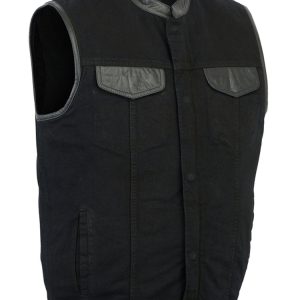 DM992 Men's Black Denim Single Panel Concealment Vest W/ Leather Trim