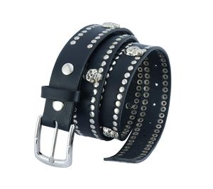 BLT2018 Black Leather Belt with Silver Studs and Skulls