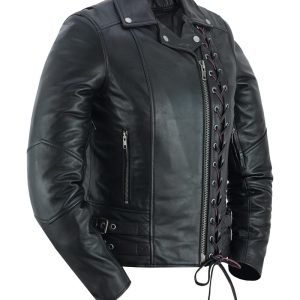 Black Pearl Women's Fashion Leather Jacket with Front Lace Accent